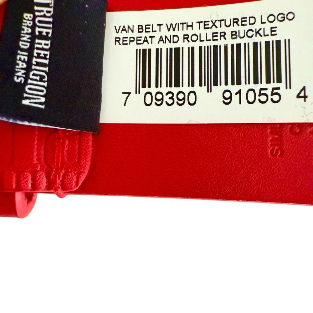 True Religion Mens Red Belt Textured Logo Roller Buckle Faux Leather Size 28 NWT